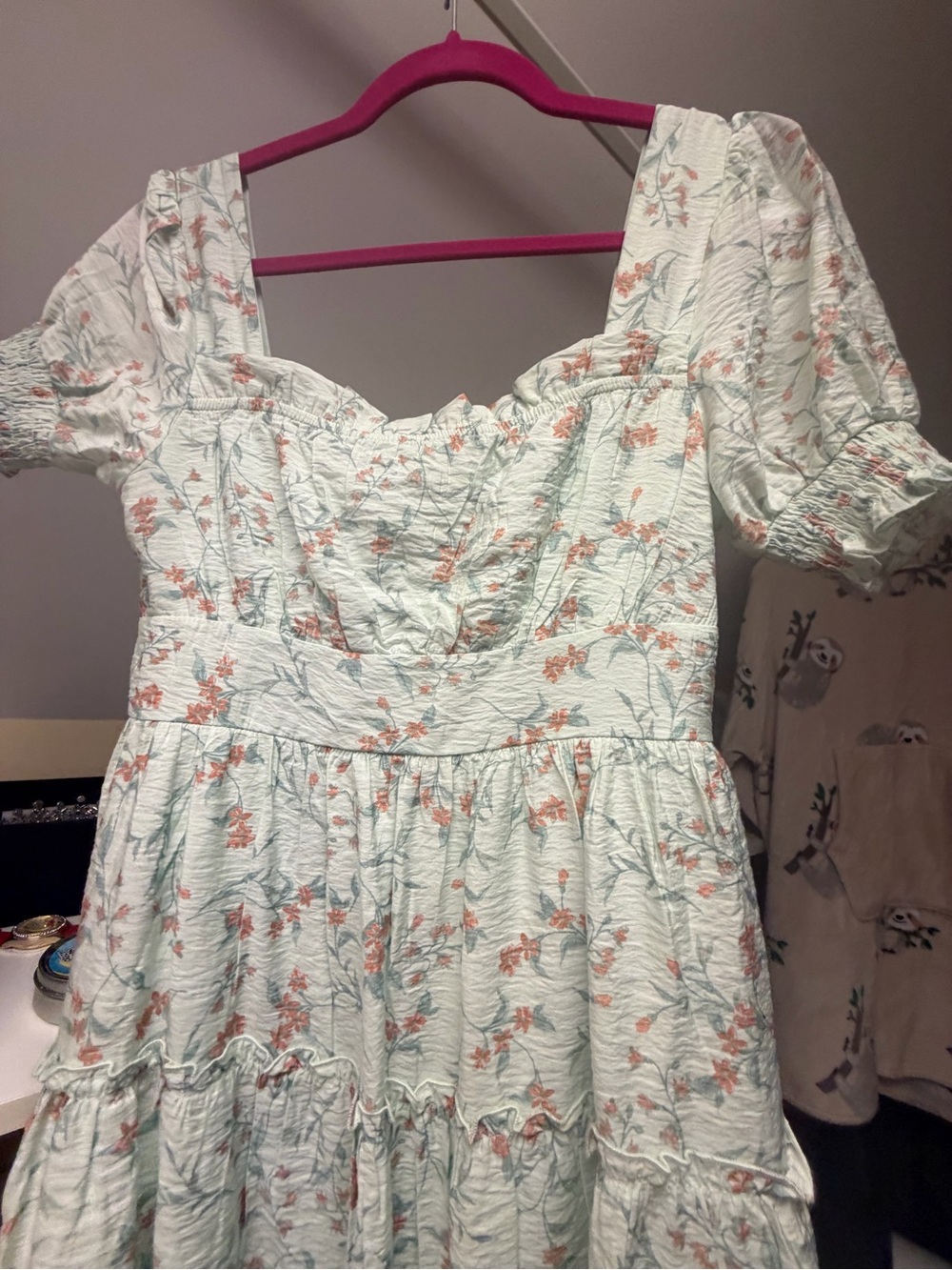mine Mint Floral Puff-Sleeve Tiered Mini Dress - Picture 5 of 5